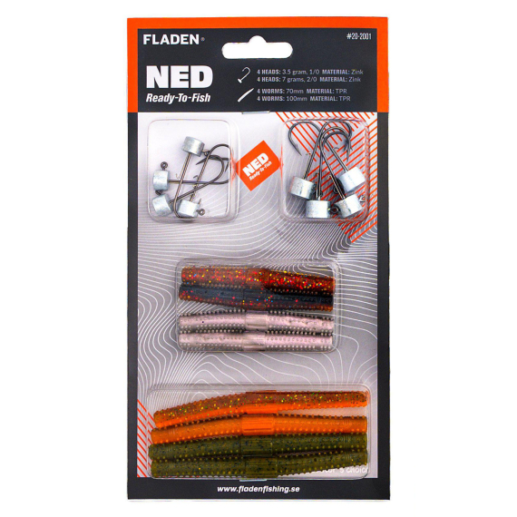 Fladen NED ready to fish 8 heads 8 worms i gruppen Fiskedrag / Jiggar & Gummibeten / Kräftor & Creaturebaits / Ned Rig Jiggar hos Fishline (20-2001)